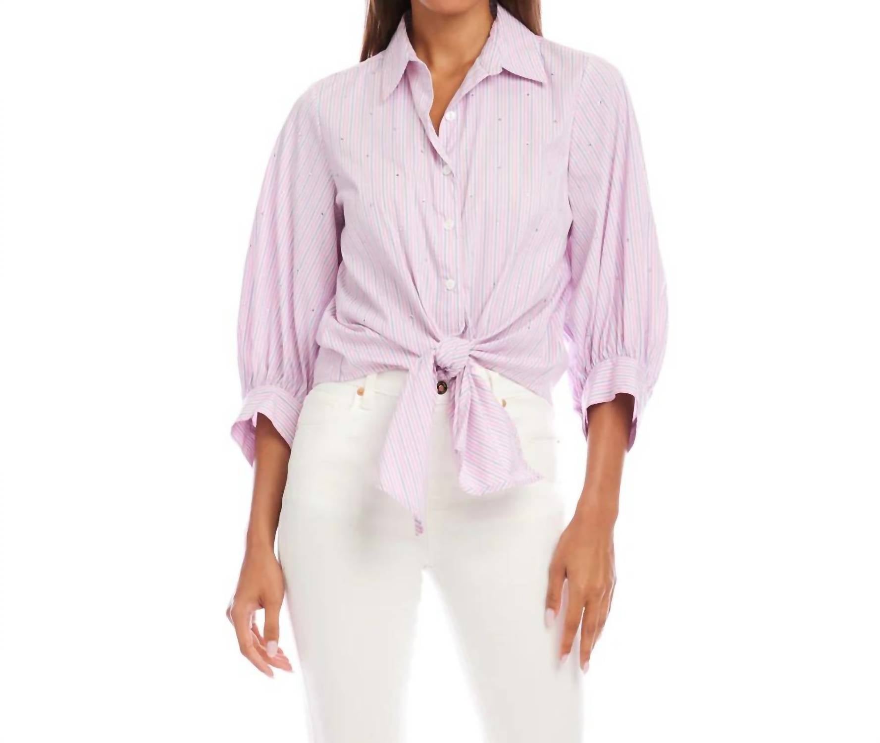 Karen Kane - Stripe Blouson Sleeve Embellished Tie-Front Top