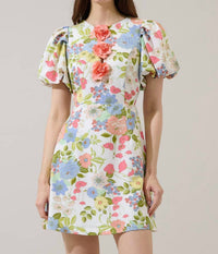SUGARLIPS Esther Floral Rosette Bubble Sleeve Mini Dress in cream multi - women's dress