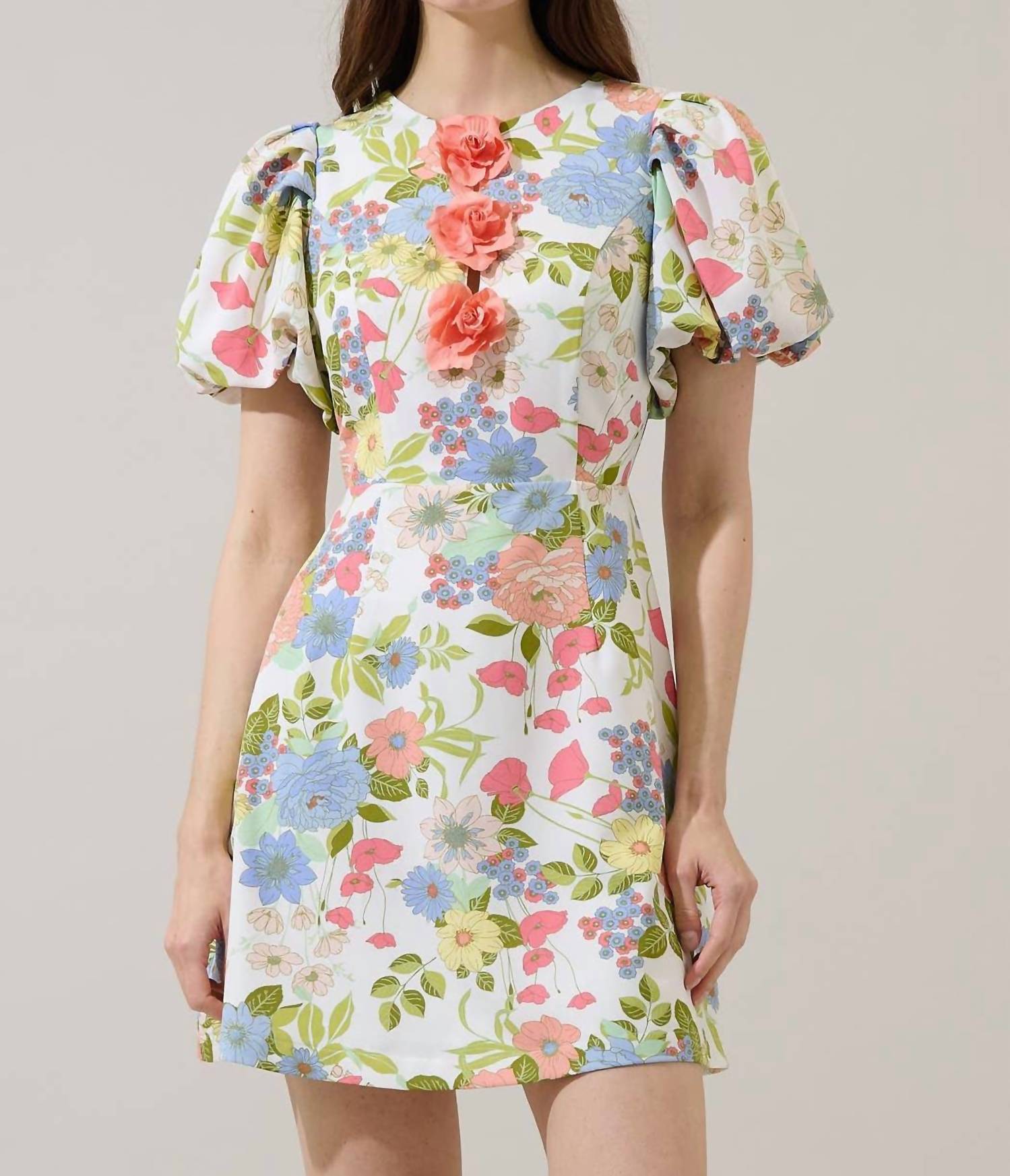 SUGARLIPS Esther Floral Rosette Bubble Sleeve Mini Dress in cream multi - women's dress
