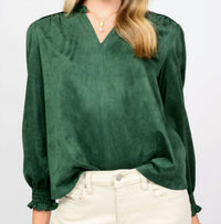 Ivy Jane Long Sleeve Suede Top in hunter 1 - women's blouse - detail view