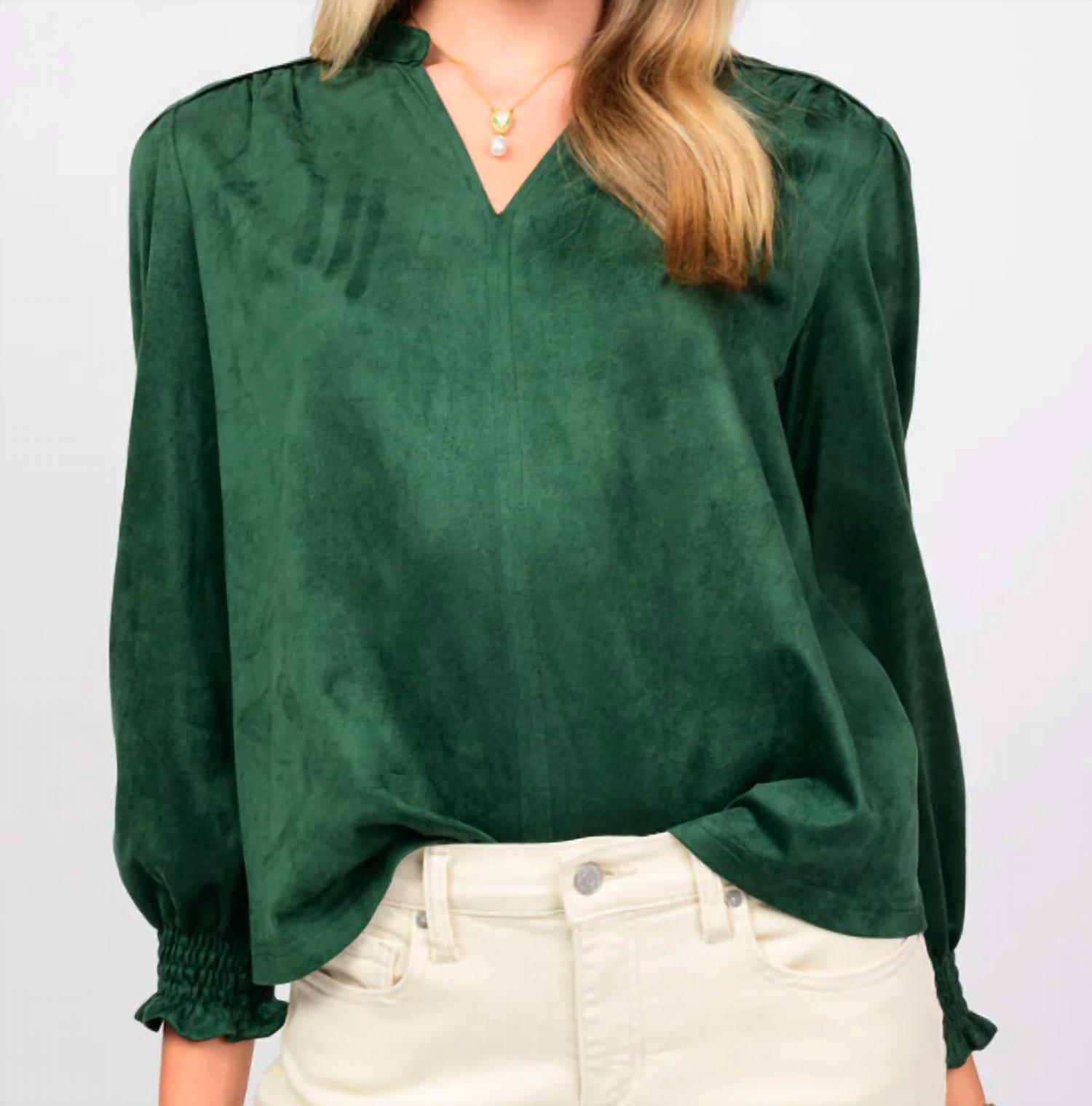 Ivy Jane Long Sleeve Suede Top in hunter 1 - women's blouse - detail view