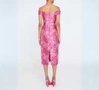 THEIA Off The Shoulder Midi Dress in sweetheart pink - women's dress - detail view
