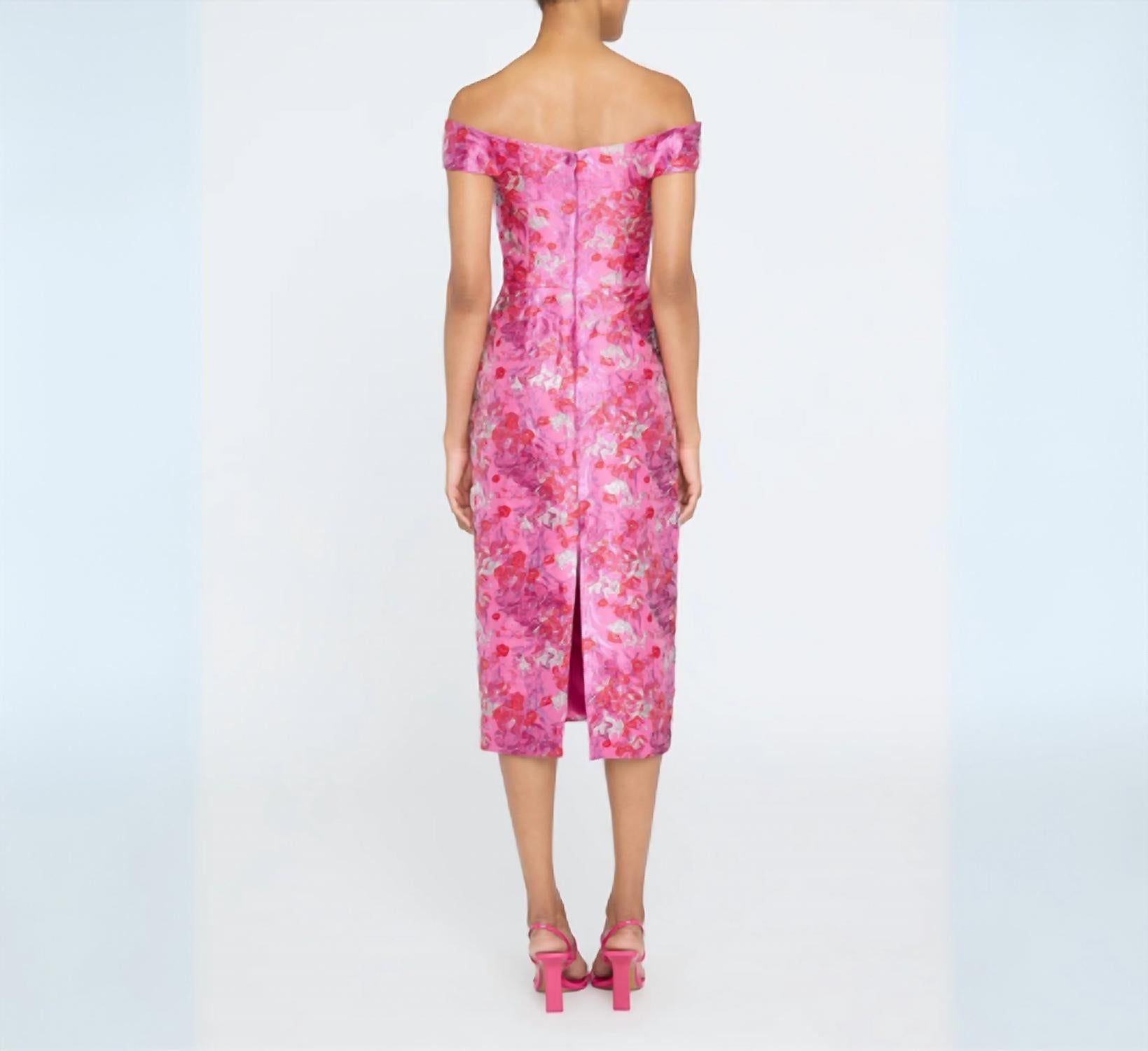 THEIA Off The Shoulder Midi Dress in sweetheart pink - women's dress - detail view