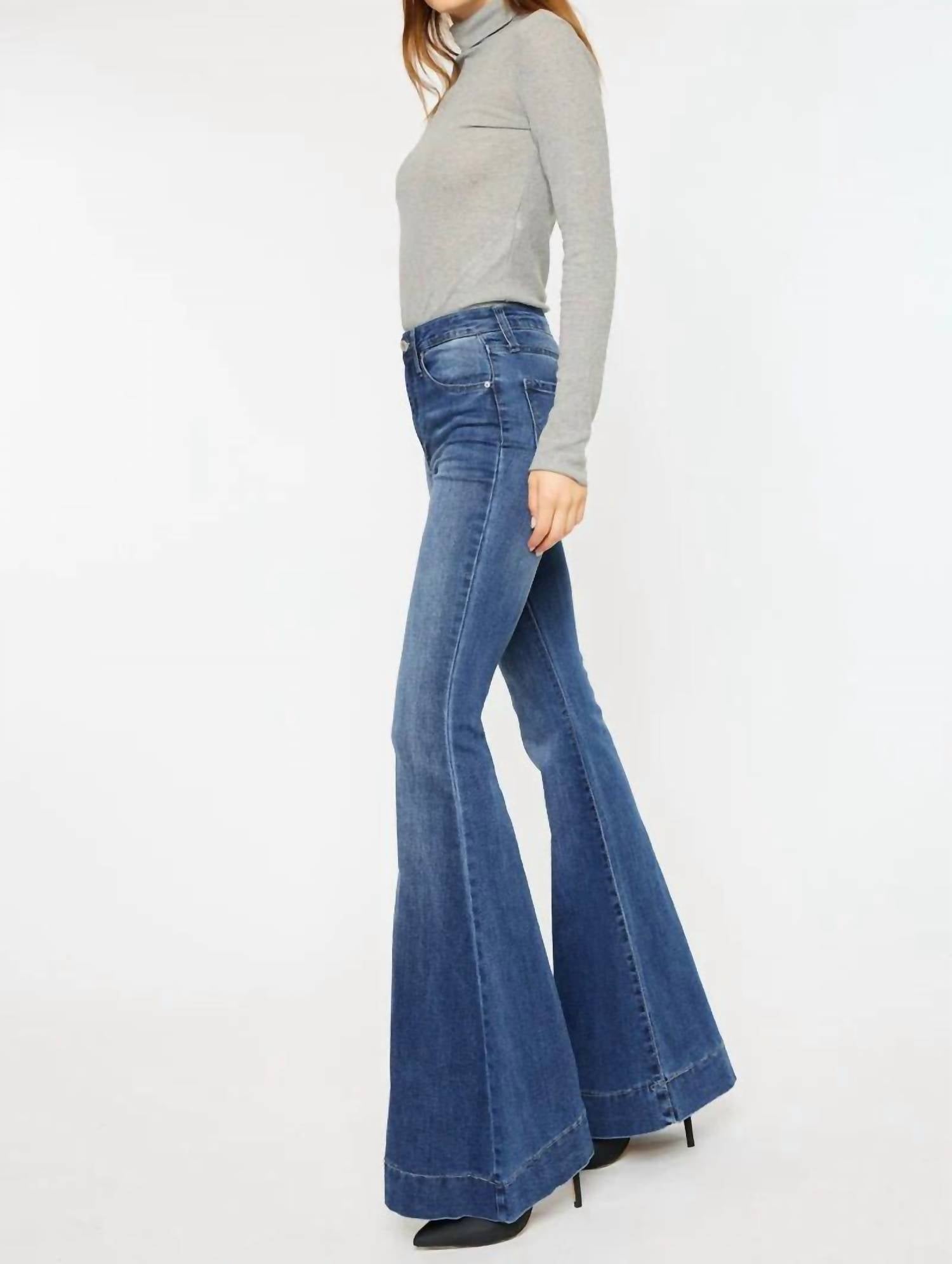 KanCan Braelynn Essentials High Rise Super Flare Jeans in blue - women's jeans - detail view