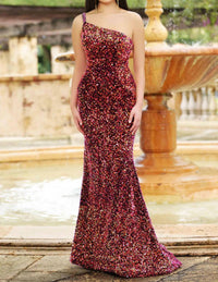 Ava Presley - Asymmetrical Sequin Gown With Multi-tiered Overlay Skirt