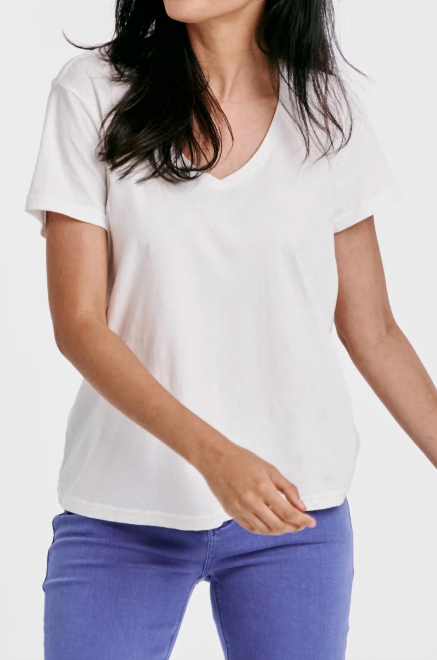 DEAR JOHN DENIM Madi V-neck Jersey Short Sleeve Tee in white - women's t-shirt