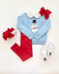 The Beaufort Bonnet Company Boy's Isaac Intarsia Sweater in beale street blue with snowman intarsia - kids' sweater - alternate view