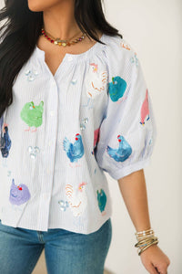QUEEN OF SPARKLES Multi Chicken Button Up Cotton Top in light blue - women's blouse