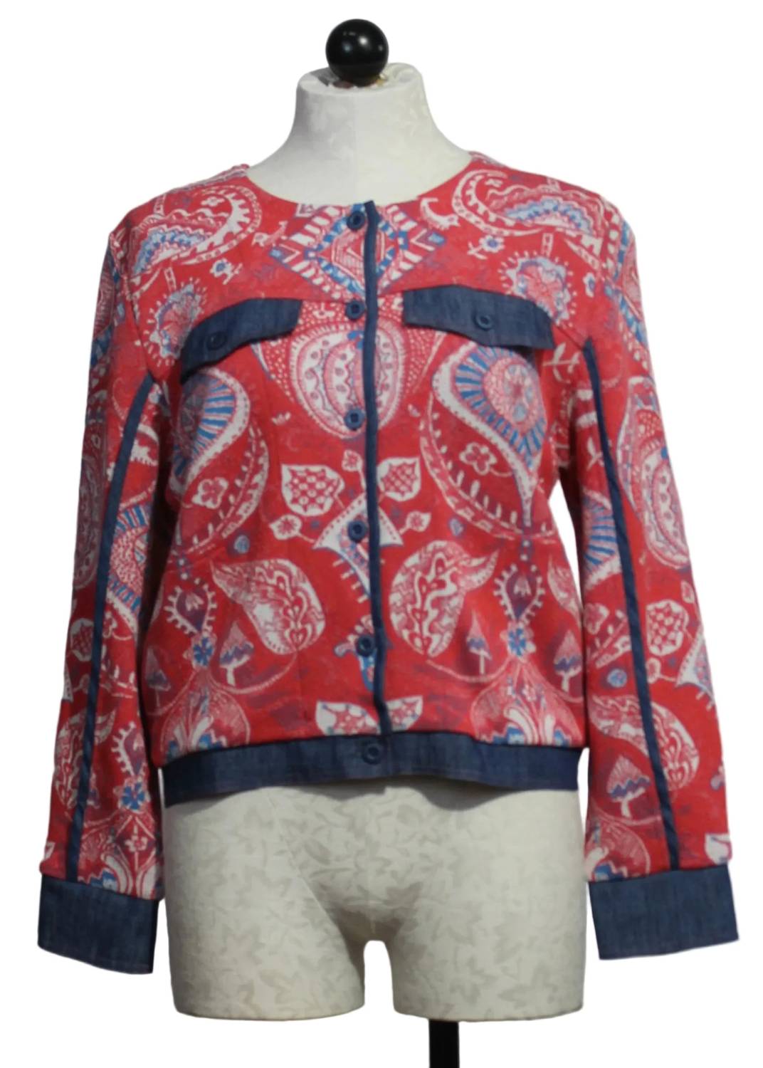 Aldo Martins - Women's Paisley Print Knit Jacket With Denim Trim