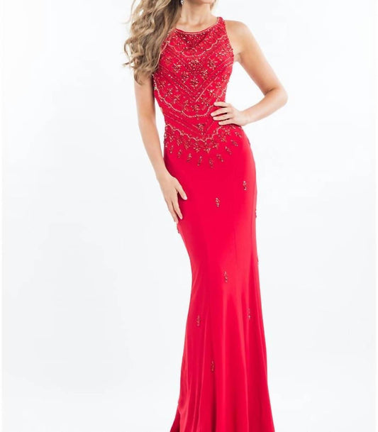 Rachel Allan - Scoop Neck Beaded Jersey Prom Gown