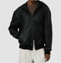 Tibi - Pebbled Leather Zip Up Hoodie Jacket