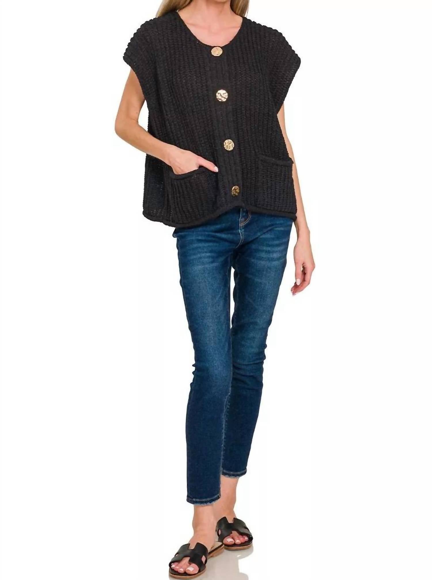 Zenana - Front Pockets Button Down Sweater Vest
