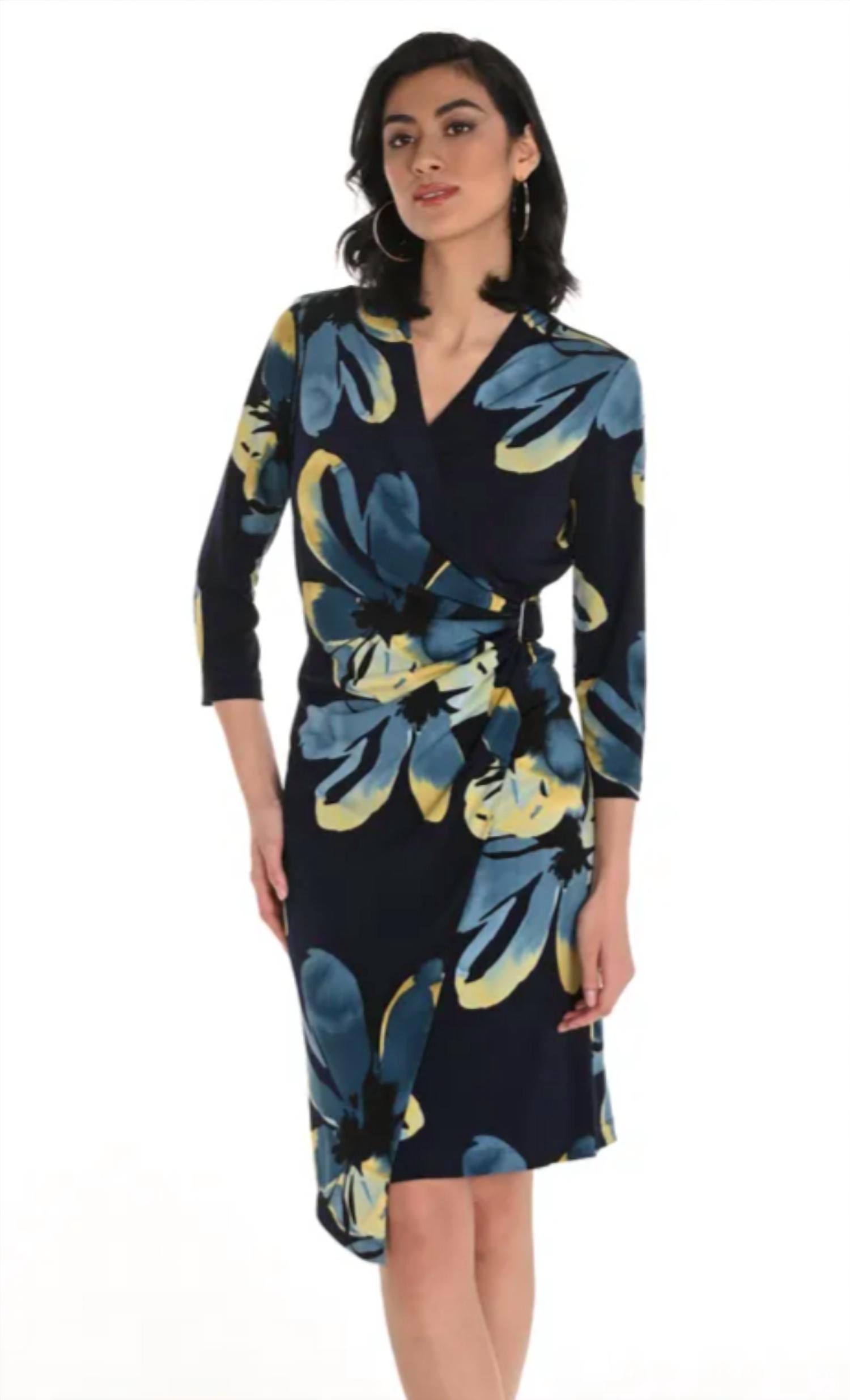Frank Lyman - Floral Print Faux Wrap Dress With Buckle