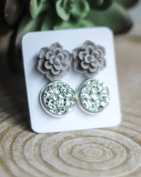 Urban Gemms - Women's Succulent & Druzy Stud Earring Set