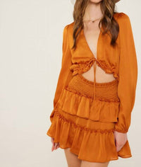 LUSH Don't Leave Yet Smocked Ruffle Mini Dress in orange - women's dress