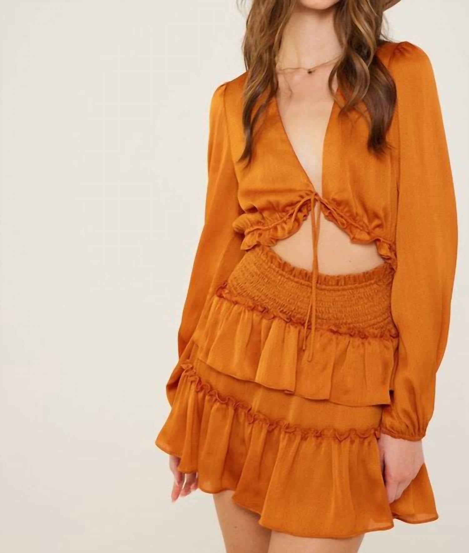 LUSH Don't Leave Yet Smocked Ruffle Mini Dress in orange - women's dress