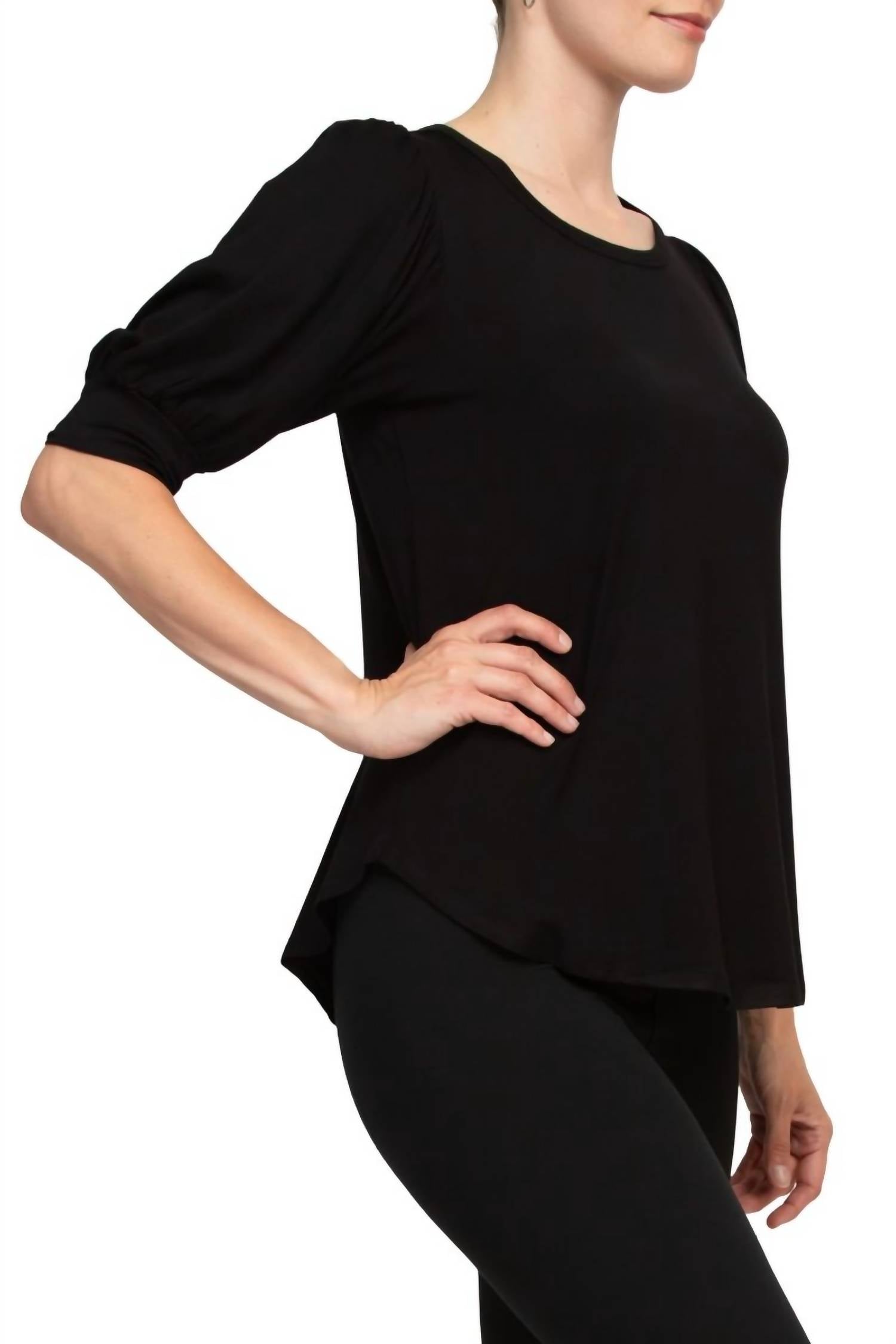 Joan Vass - Short Shirred Sleeve Shirttail Hem Blouse