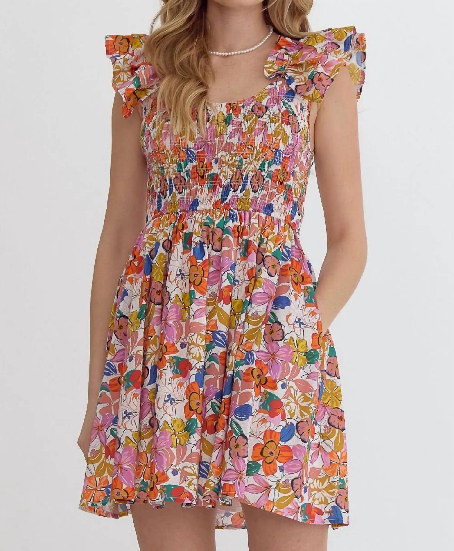 Entro - Blooming Beauty Mini Dress with Ruffle Detail And Smocked Bodice