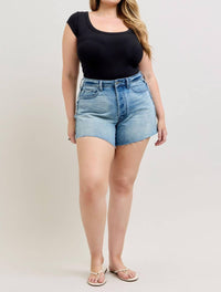 Judy Blue High Waist Rigid Magic Button Fly Raw Side Seams Denim Short in blue - women's shorts - view 6