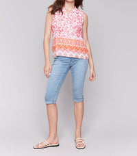 Charlie B - Printed Sleeveless Blouse Ruffled Collar