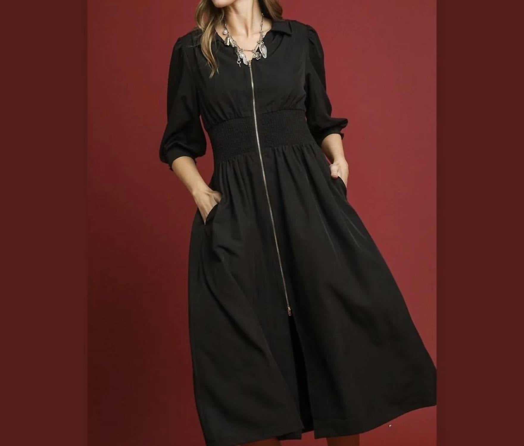 Umgee - Smocked Waist Zip Midi Dress