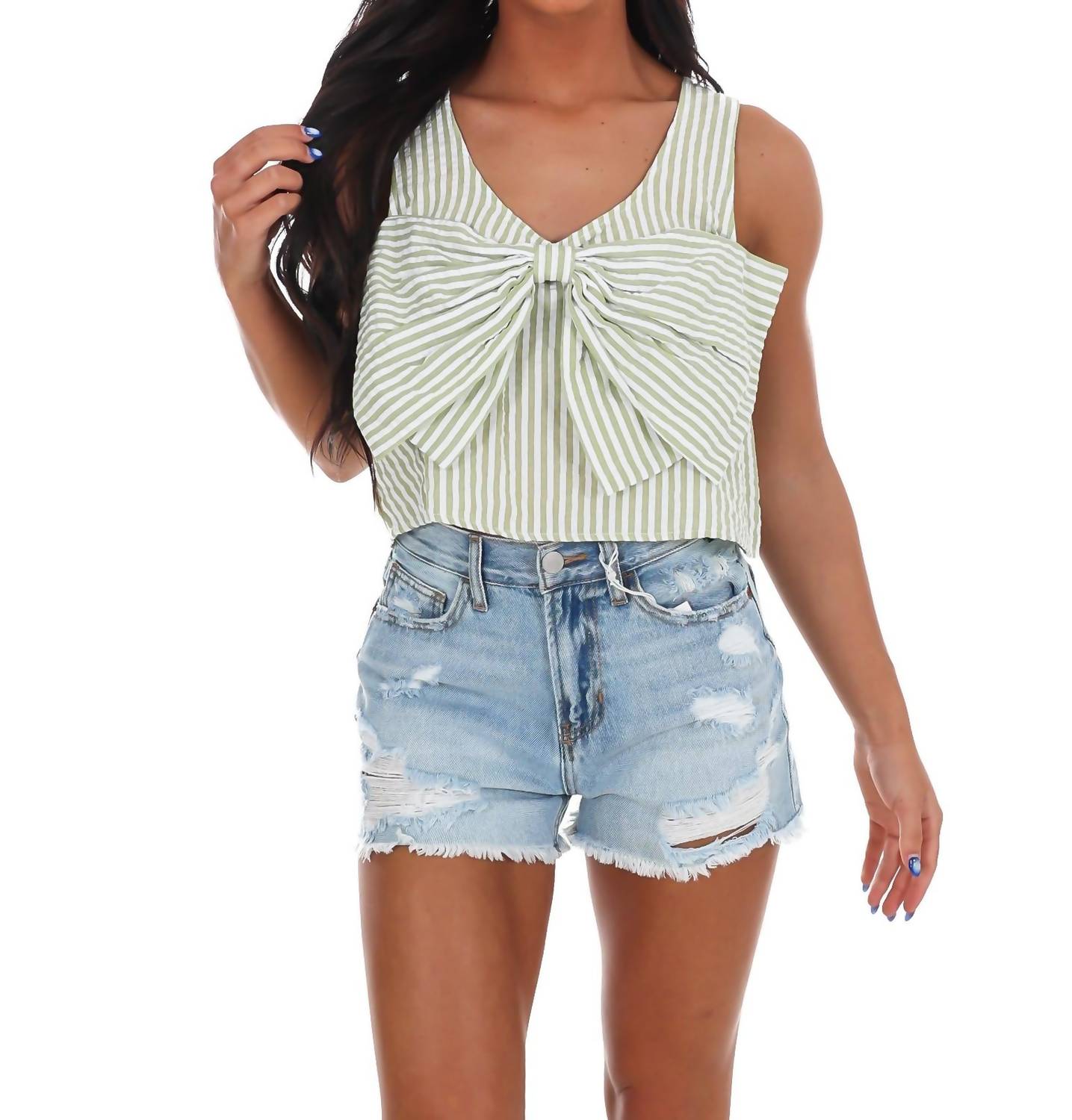 day + moon Sugar Stripe Bow Crop Top in avocado - women's shirt