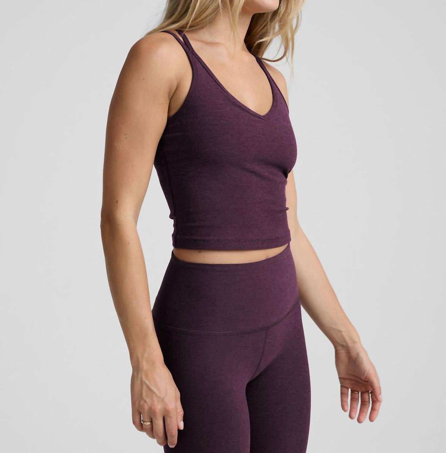 BEYOND YOGA Spacedye Get Across Tank Top in eggplant purple heather - women's tank top - detail view