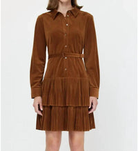 Current Air - Velvet Pleated Tiered Shirt Mini Dress