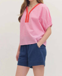 Entro - Gingham Puff Sleeve Top