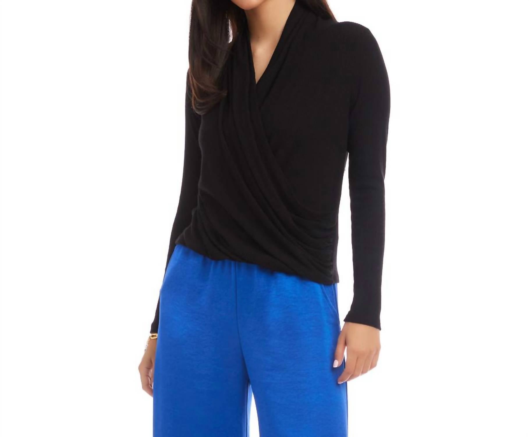 Karen Kane Long Sleeve Ribbed Drape Front Crossover Top in black - women's long sleeve top - detail view
