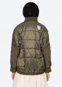 SEA Eira Quilted Puffer Jacket in olive - women's jacket - detail view