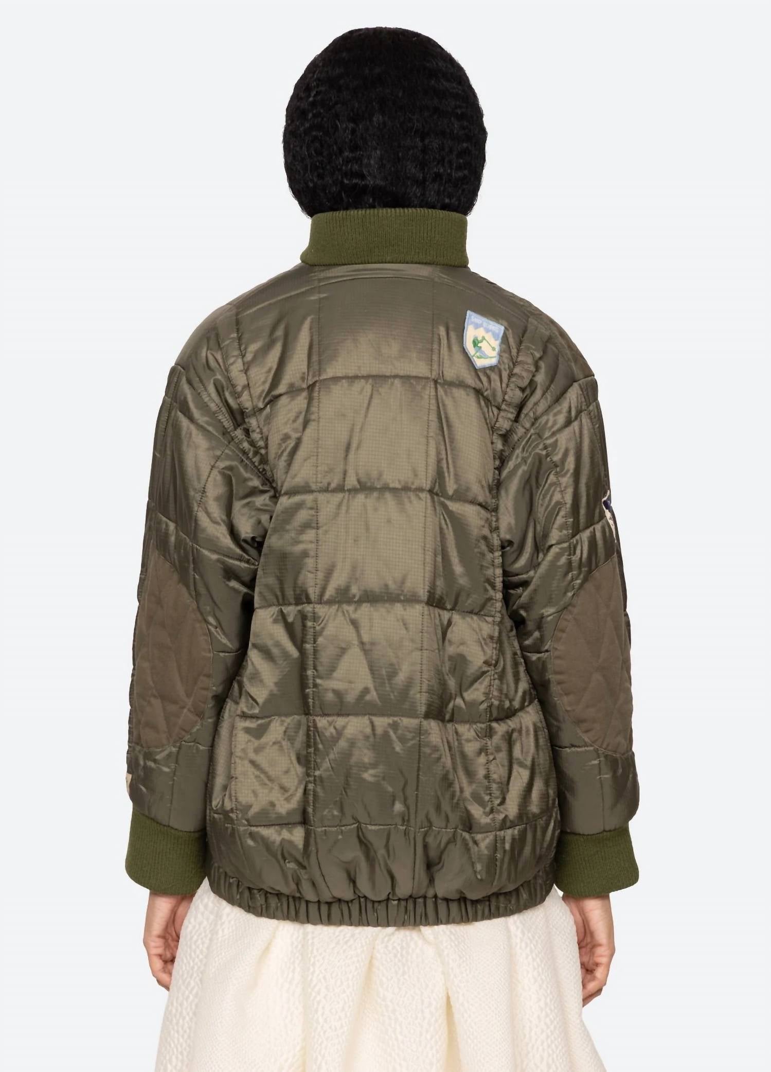 SEA Eira Quilted Puffer Jacket in olive - women's jacket - detail view