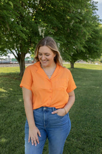 Vine & Love Sunsets Collared Blouse in orange - women's blouse