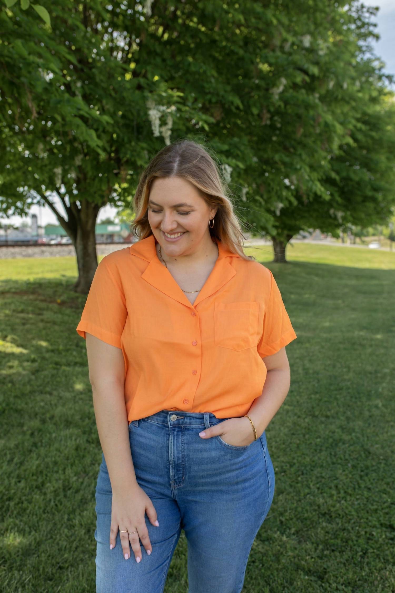 Vine & Love Sunsets Collared Blouse in orange - women's blouse