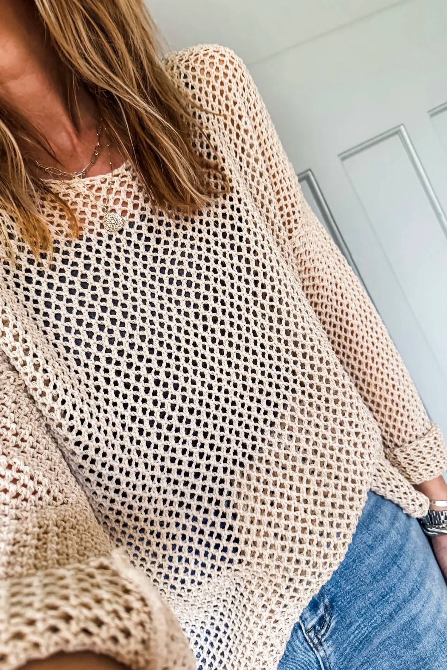 Shewin - Crochet Hollow-Out Knit Sweater