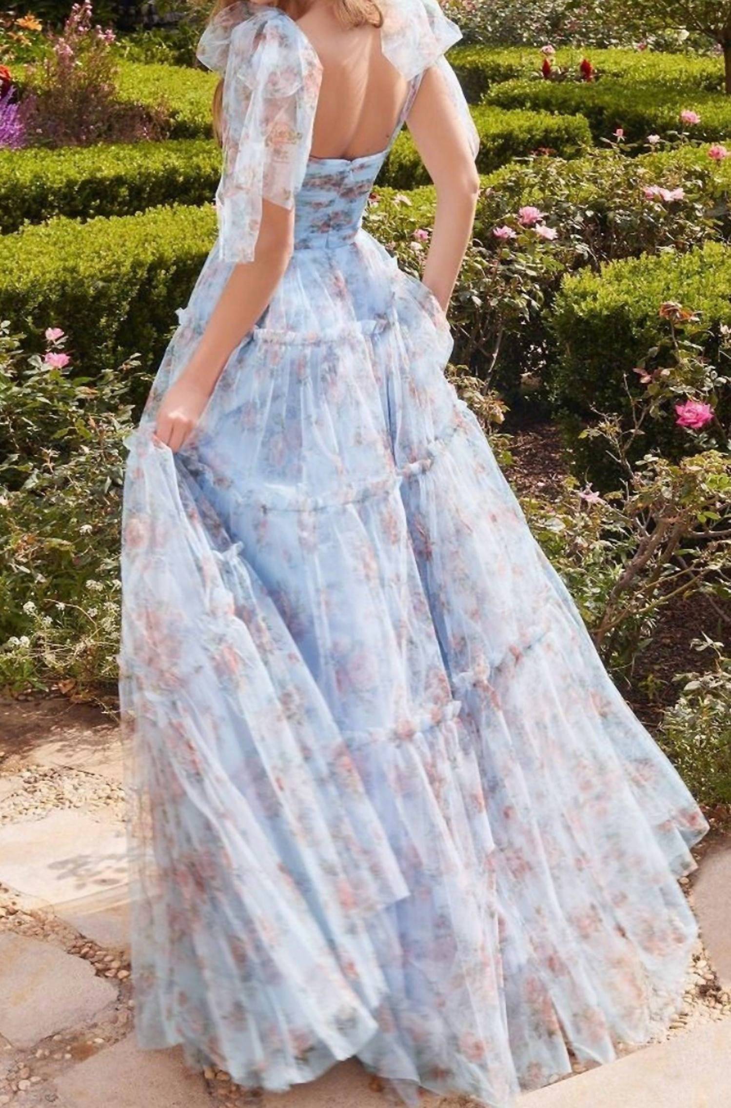 Andrea & Leo Couture Layered Tulle Gown in blue - women's dress - detail view