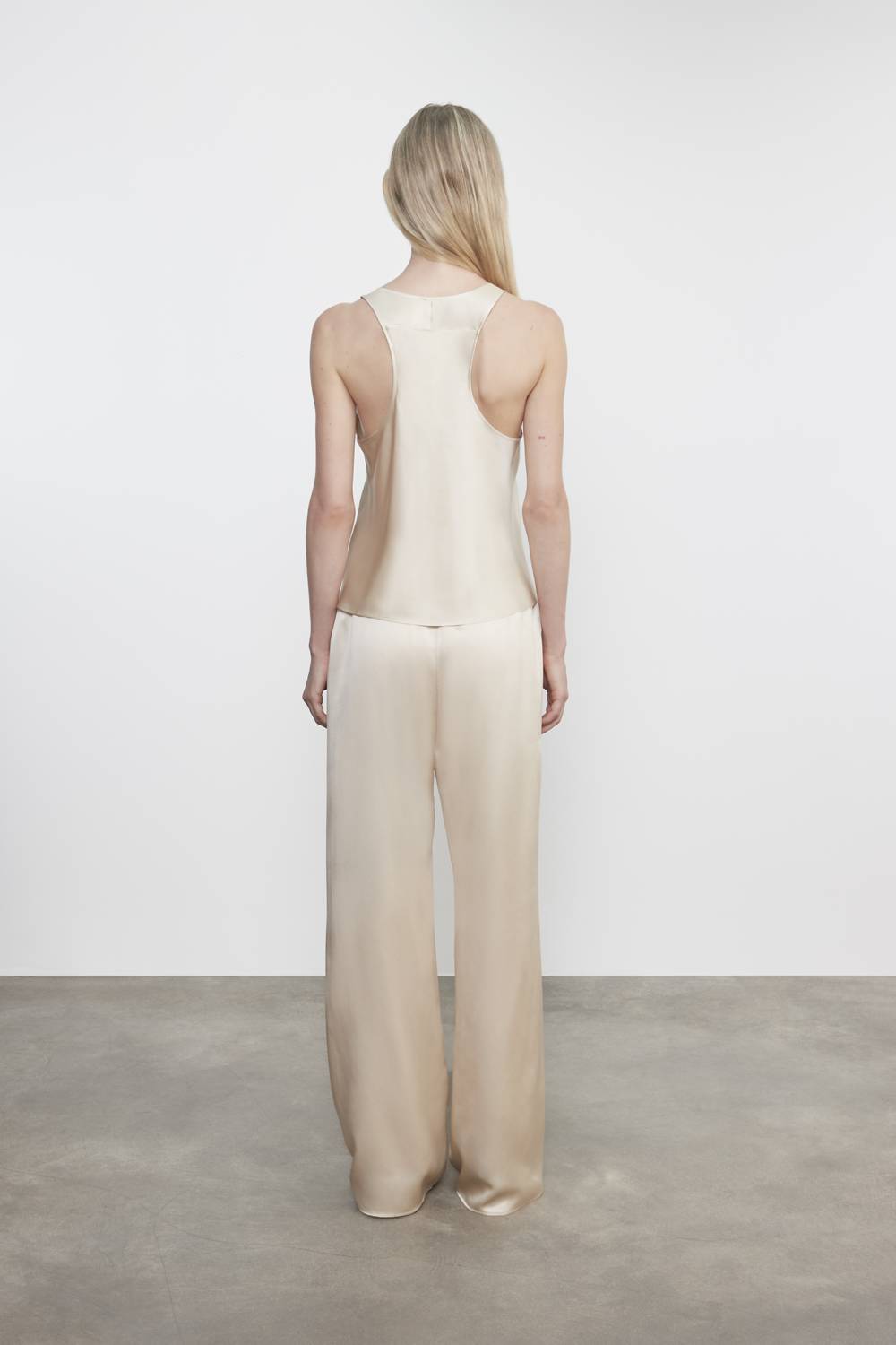 Enza Costa SILK SATIN TANK in alabaster - women's tank top - detail view