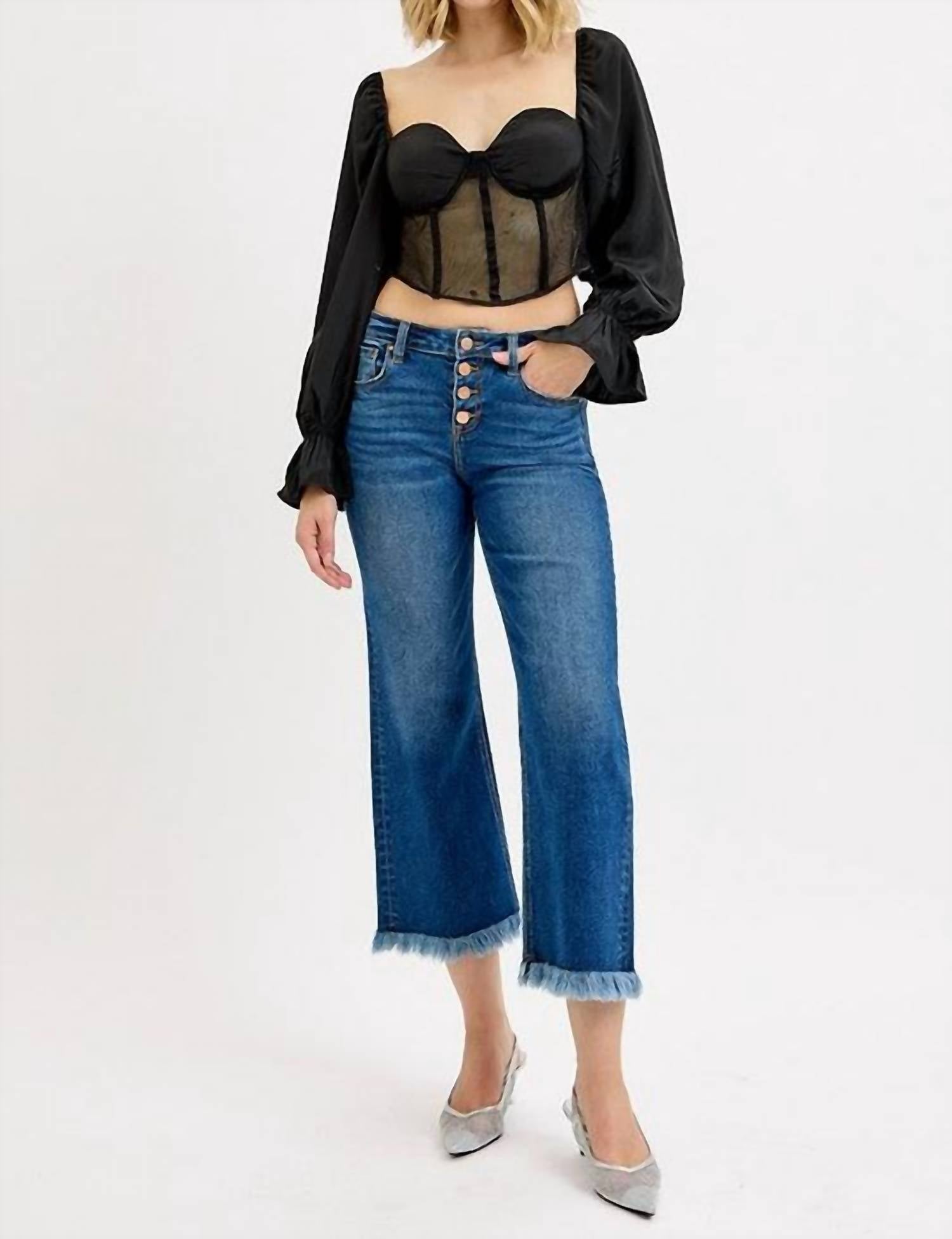 Risen - Mid Rise Crop Wide Button Down Jeans