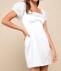 Lulus Precious Enchantment Satin Floral Puff Sleeve Mini Dress in white - women's dress - detail view
