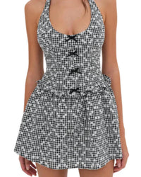 for Love & Lemons Janice Halter Gingham Mini Dress in black white - women's dress - detail view