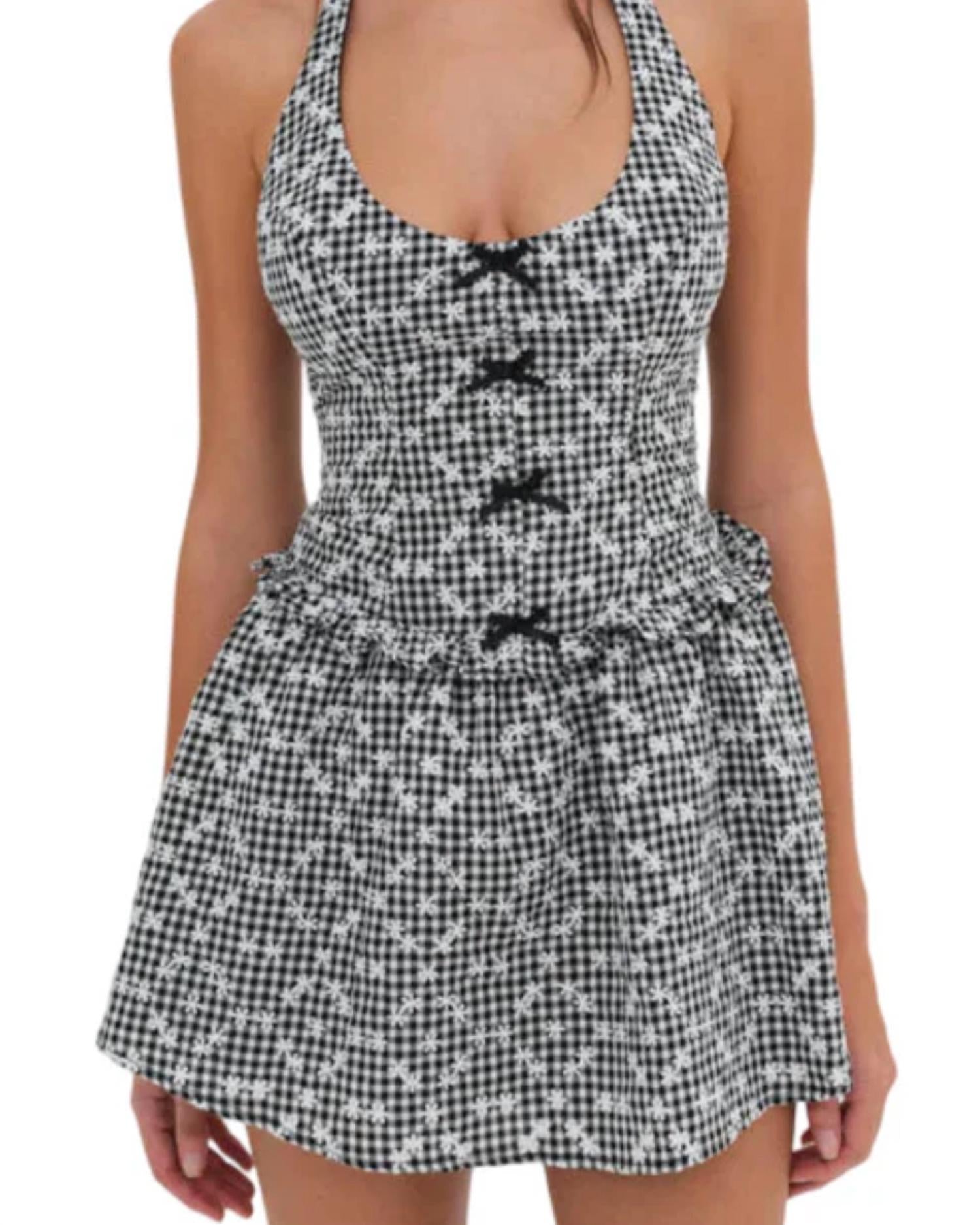 for Love & Lemons Janice Halter Gingham Mini Dress in black white - women's dress - detail view