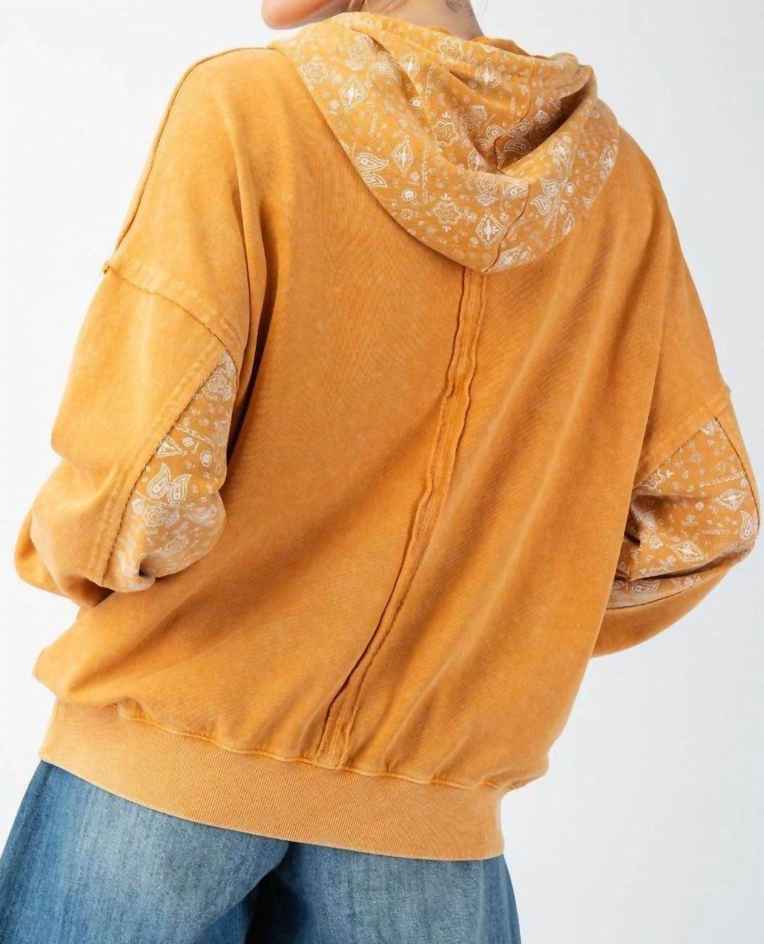 SurelyMine Mineral Wash Bandana Pocket Hoodie Sweatshirt in marigold - women's top - alternate view