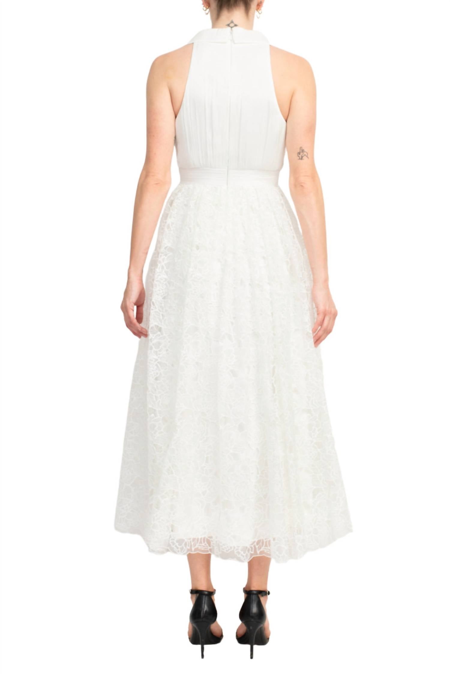 Badgley Mischka - Crepon-paneled Guipure Lace Midi Shirt Dress