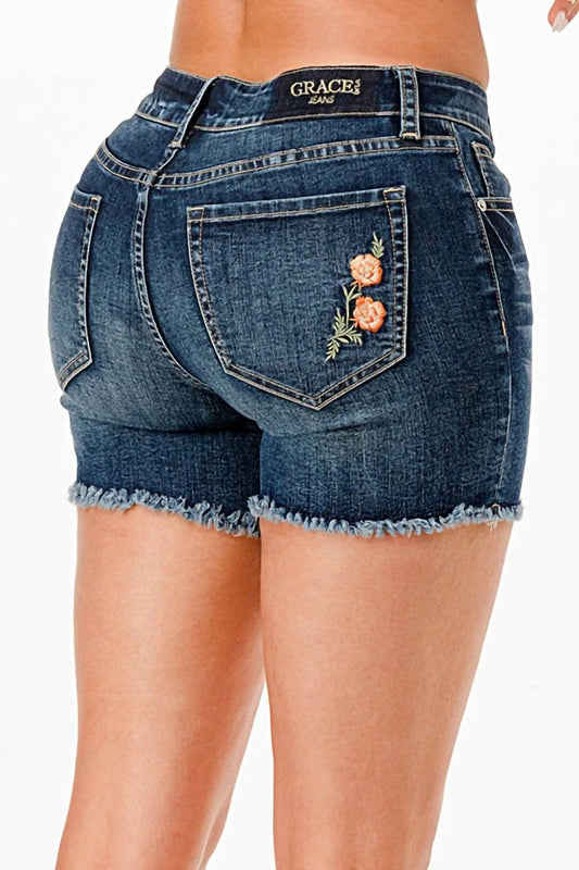 Grace In La - Mid Rise Embroidered Denim Shorts