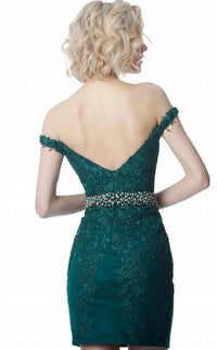 Jovani - Off The Shoulder Lace Appliqued Beaded Short Dress