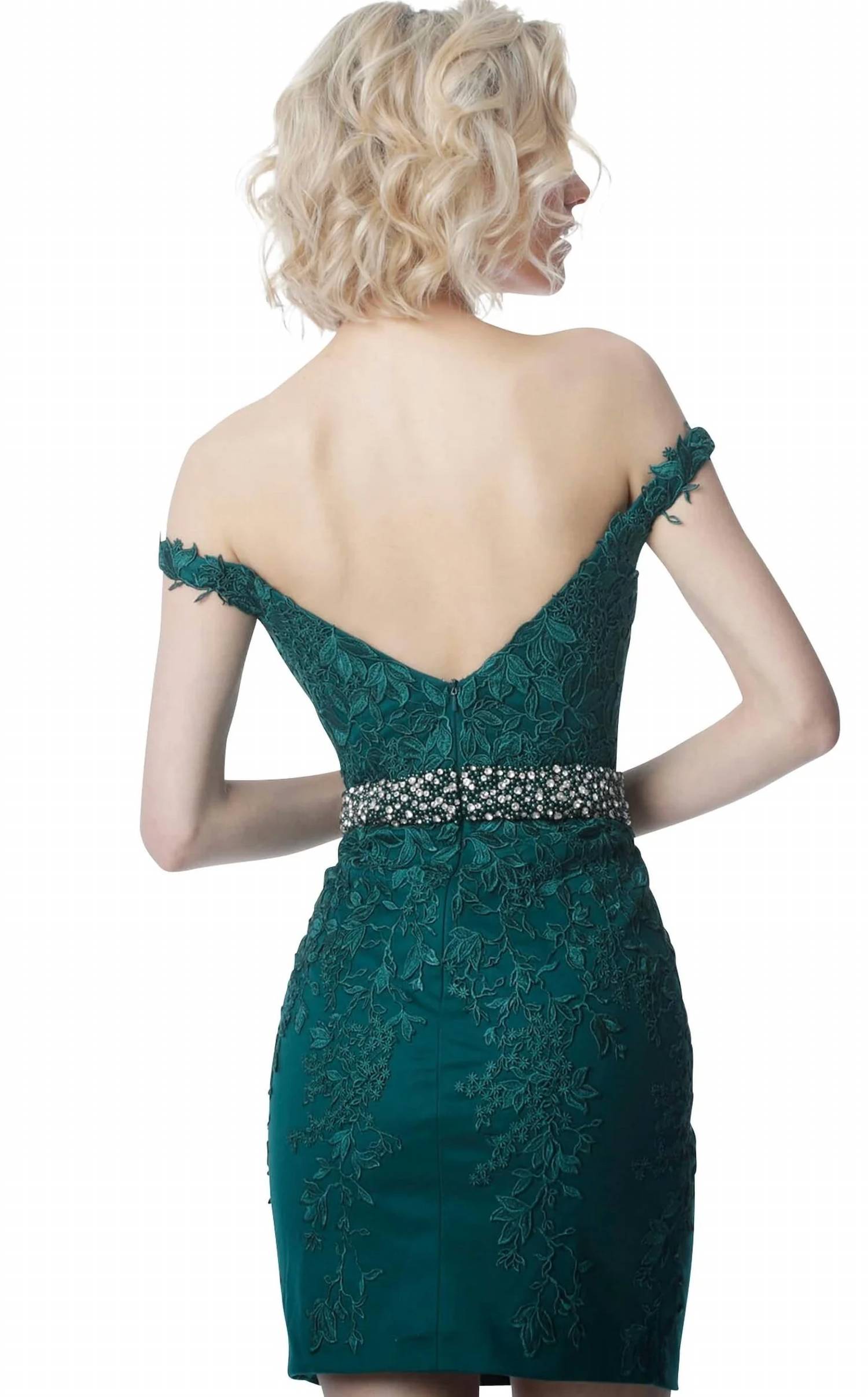 Jovani - Off The Shoulder Lace Appliqued Beaded Short Dress