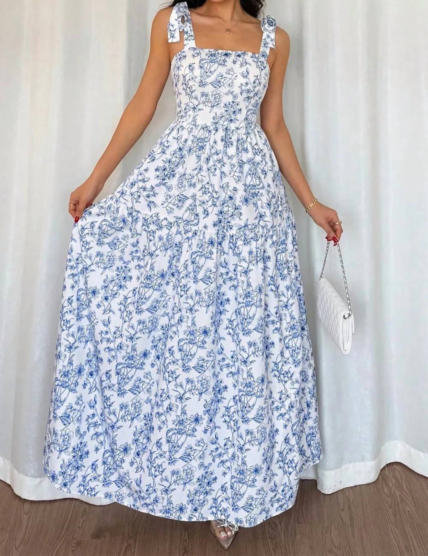 Unishe - Floral Print Knot Straps High Waist Flared Maxi Dress