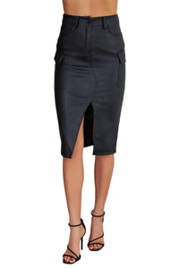 Venti6 - Romana Cargo Pocket Vegan Leather Midi Skirt