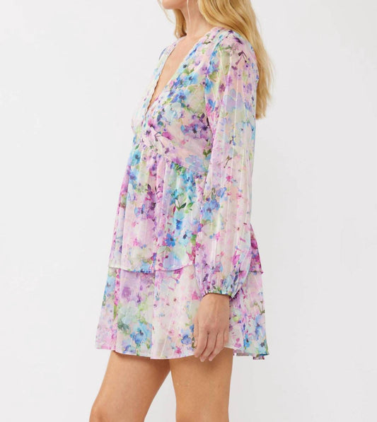 Lovestitch - Watercolor Flower V-neck Tiered Mini Dress