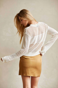 CRESCENT Donna Linen Cotton Mix Media Pullover in cream - women's long sleeve top - detail view